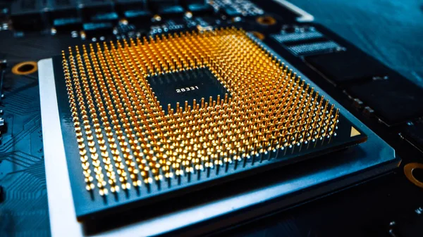 Macro Close-up Shot of CPU Processor Socket. Placa de Circuito Impresso Placa-mãe de computador com componentes: Dentro do Dispositivo Eletrônico, Partes do Supercomputador . — Fotografia de Stock