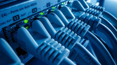 Macro Shot: Ethernet Veri Kabloları Yanıp sönen Işıklar ile Yönlendirici Portlara Bağlandı. Telekomünikasyon: Modem LAN Anahtarlarına takılan RJ45 İnternet Bağlayıcıları.