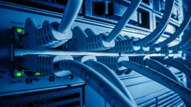 Makro Atış: Ethernet kabloları Yanıp sönen Işıklar ile Router Portlarına bağlandı. Telekomünikasyon: RJ45 Internet Connectors Modem LAN anahtarlarına bağlandı. Yan Görünüm Görüntüsü