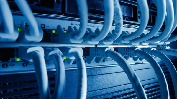 Κοντινό πλάνο Καλώδια Macro Shot Ethernet συνδεδεμένα με θύρες Router με φώτα που αναβοσβήνουν. Τηλεπικοινωνίες: Συνδέσεις συσκευών RJ45 που συνδέονται στους κόμβους Modem. Ασφαλές κέντρο δεδομένων. — Φωτογραφία Αρχείου