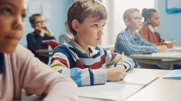 Általános iskolai osztály: Portré briliáns kaukázusi fiú ír gyakorló jegyzetfüzet, tesztelés és írás vizsga. Fényes gyermekek sokszínű csoportja, akik szorgalmasan dolgoznak és tanulnak — Stock Fotó