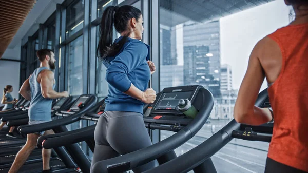 stock image Fit Athletic Woman Running on the Treadmill, Doing Her Fitness Exercise. Muscular Women and Men Actively Training in the Modern Gym. Sports People Workout in Fitness Club. Side View