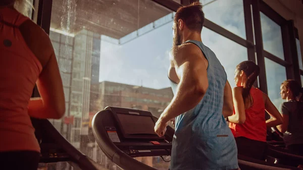 Gruppe von Sportlern, die auf Laufbändern in einer Reihe laufen und Fitnessübungen machen. Sportliche und muskulöse Frauen und Männer trainieren aktiv in der modernen Turnhalle. Seitenansicht Goldene Stunde Sonnenlicht — Stockfoto