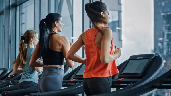 Pessoas Atléticas Correndo em Treadmills, Fazendo Fitness Exercício. Atlético e Muscular Mulheres e Homens Treinamento Activo no Ginásio Moderno. Treinamento de pessoas de esportes. Câmera vista lateral tiro — Fotografia de Stock