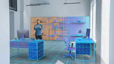 Yeni İçişleri Bakanlığı: Modern İçişleri Tasarımcısı Samimi Ofis Stüdyosu için 3D Mobilya seçmek için Dijital Tablet Bilgisayarda Artırılmış Gerçeklik Yazılımını Kullanıyor. VFX Özel Efektleri