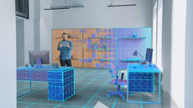 Yeni İçişleri Bakanlığı: Modern İçişleri Tasarımcısı Samimi Ofis Stüdyosu için 3D Mobilya seçmek için Dijital Tablet Bilgisayarda Artırılmış Gerçeklik Yazılımını Kullanıyor. VFX Özel Efektleri