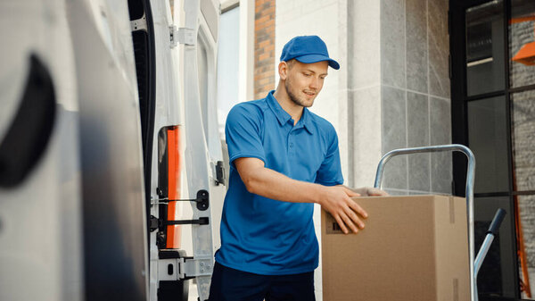 Delivery Man Uses Hand Truck Trolley Full of Cardboard Boxes and Packages, Loads Parcels into Truck Van. Professional Courier Loader helping you Move, Delivering Your Purchased Items Efficiently