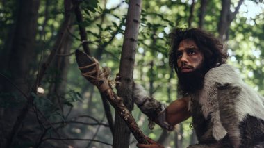 Portrait of Primeval Caveman Wearing Animal Skin and Fur Hunting with a Stone Tipped Spear in the Prehistoric Forest. Prehistoric Neanderthal Hunter Ready to Throw Spear in the Jungle clipart