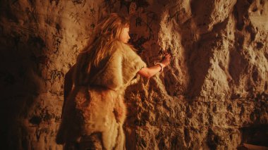 Hayvan Derisi İçinde İlkel Tarih Öncesi Neandertal Çocuk Geceleyin Duvarlara Hayvanlar ve Soyutlamalar Çizer. Petrogliflerle İlk Mağara Sanatı Oluşturuluyor, Ateşle aydınlatılan Kaya Resimleri.