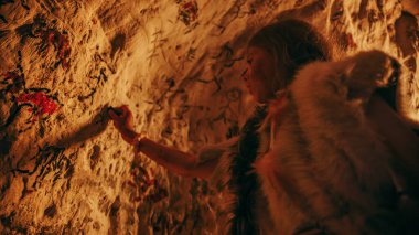 Hayvan Derisi Giyen İlkel Tarih Öncesi Neandertal Çocuk Geceleri Duvarlara Hayvanlar ve Soyutlar Çizer. Petrogliflerle İlk Mağara Sanatı, Ateşle aydınlatılan Kaya Resimleri. Düşük Açı