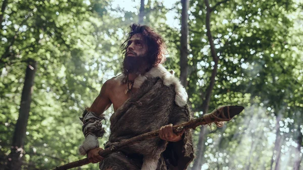 Ősi ősember portréja, amint állatbőrt és szőrméket visel egy kőhegyű lándzsával az őskori erdőben. Őskori neandervölgyi vadász készen áll, hogy dárdát dobjon a dzsungelben — Stock Fotó