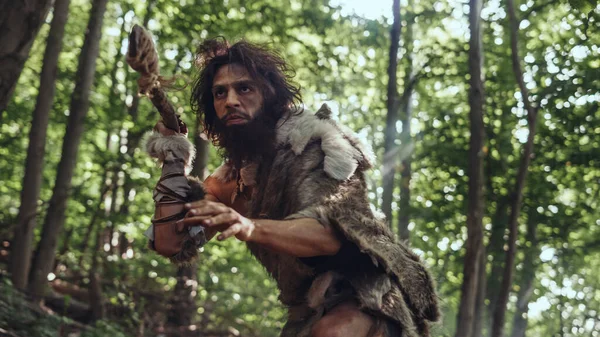 Porträt eines Höhlenmenschen mit Tierhaut und Pelz auf der Jagd mit einem steinernen Speer im Urwald. Urzeitlicher Neandertaler-Jäger bereit, Speer in den Dschungel zu werfen — Stockfoto