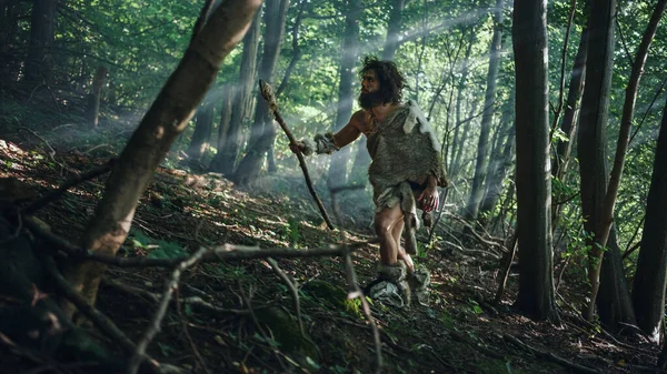 Primeval Caveman Wearing Animal Skin Holds Stone Tipped Spear Looks Around, explore la forêt préhistorique dans une chasse à la proie animale. Neanderthal Aller à la chasse dans la jungle — Photo