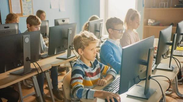 Grundskolans datavetenskap Klassrum: Olika grupper av små smarta skolbarn som använder persondatorer, lära sig informationsteknologi, Internetsäkerhet, programmeringsspråk för programvarukodning — Stockfoto