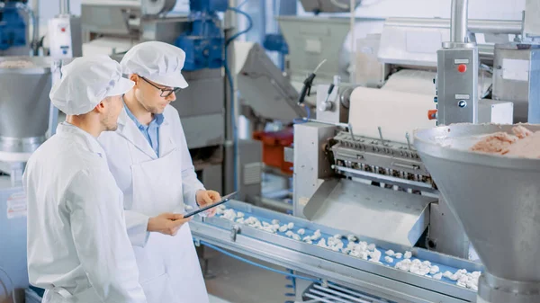 两名年轻的男性质量监督员或食品技术员正在一家饺子食品制造厂检查自动化生产。员工在工作时使用平板电脑。他们穿着白色工作服. — 图库照片