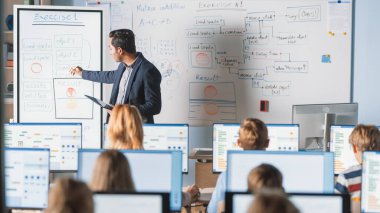 İlköğretim Sınıfı: Öğretmen Etkileşimli Dijital Beyaztahta Kullanıyor, Çeşitli Zeki Çocuklar Grubuna Ders Açıklıyor. Modern eğitim alan çocuklar, Bilgisayar Bilimi öğrenin, Yazılım Programlama