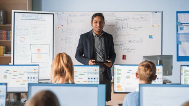 İlköğretim Okulu Bilgisayar Bilimi Sınıfı: Öğretmen Dijital Tablet Kullanıyor, Çeşitli Akıllı Çocuklar Grubuna Ders Açıklıyor. Modern eğitim alan çocuklar, İnternet Güvenliğini Öğrenin, Yazılım Programı