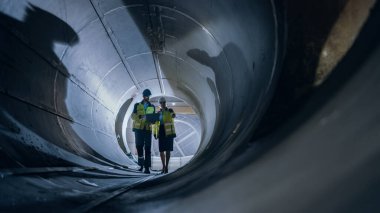 İki ağır endüstri mühendisi borunun içinde yürüyorlar, dizüstü bilgisayar kullanıyorlar, tartışıyorlar, kaynaklarını kontrol ediyorlar. Petrol, doğal gaz ve akaryakıt boru hattının yapımı. Sanayi İmalat Fabrikası