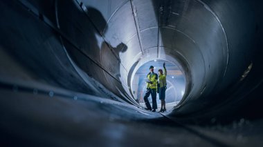 İki ağır endüstri mühendisi borunun içinde yürüyor, dizüstü bilgisayar kullanıyor, tartışıyorlar, tasarımı kontrol ediyorlar. Petrol, Doğal Gaz ve Biyoyakıt Taşımacılık Boru Hattı İnşaatı. Sanayi İmalat Fabrikası