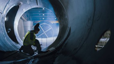 Profesyonel Ağır Sanayi Kaynak İşçisi Boru İçinde Çalışıyor, Kask Giyiyor ve Kaynak Yapmaya Başlıyor. Petrol, Doğal Gaz ve Yakıt Nakil Boru Hattı İnşaatı. Sanayi İmalat Fabrikası