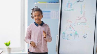 İlköğretim Okulu Bilim Sınıfı: Şirin Kız Portresi, Yenilenebilir Enerjinin Nasıl Çalıştığını Tam Sınıfa Göstermek İçin Etkileşimli Dijital Beyaztahta Kullanıyor. Fen dersi, Meraklı Çocuklar Dinliyor.