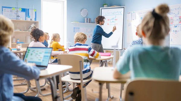 Le professeur de physique de l'école primaire utilise un tableau blanc numérique interactif pour montrer à une classe remplie d'enfants intelligents et diversifiés comment fonctionne l'énergie renouvelable. Cours de sciences avec enfants Écoute — Photo