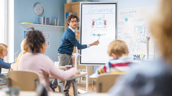 Elementary School Physics Teacher maakt gebruik van interactieve digitale whiteboard om te laten zien aan een klaslokaal vol slimme diverse kinderen hoe hernieuwbare energie werkt. Science Class met Kinderen Luisteren — Stockfoto