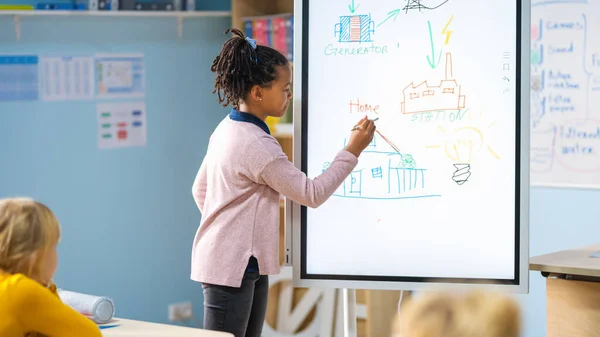Grundskola Science Class: Porträtt av söt flicka använder interaktiv whiteboard för att visa ett klassrum fullt av klasskamrater hur förnybar energi fungerar. Vetenskap klass, barn lyssnar. — Stockfoto