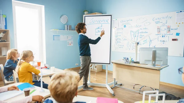 Profesor de Física de la Escuela Primaria utiliza pizarra digital interactiva para mostrar a un aula llena de niños inteligentes diversos cómo funciona el generador. Clase de ciencias con niños curiosos escuchando atentamente — Foto de Stock