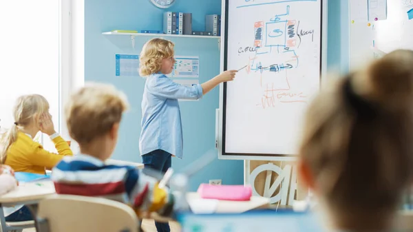 Aula de Ciências da Escola Primária: Jovem Estudante Bonito Usa Whiteboard Digital Interativo para Mostrar a uma Sala de Aula cheia de Colegas como a Energia Renovável Funciona. Aula de Ciências, Crianças Curiosas Ouvindo — Fotografia de Stock