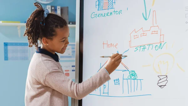 Elementary School Science Class: Portret van schattig meisje maakt gebruik van interactieve digitale whiteboard om te laten zien aan een volledige klas hoe hernieuwbare energie werkt. Science Class, Nieuwsgierige kinderen Luisteren. — Stockfoto