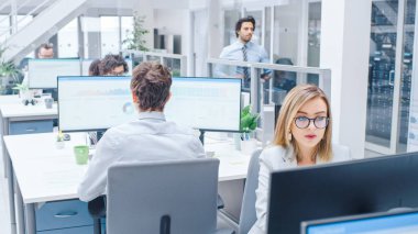 Masaüstü Bilgisayarları üzerine çalışan, Müşteri Desteği Yapan, Müşterilerle İletişim kuran, İstatistikleri İzleyen Çeşitli Profesyonellerin Parlak Ofis Sıralarında.