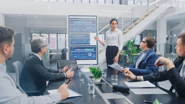 Dans la salle de réunion de l'entreprise : Une analyste utilise le tableau blanc numérique interactif pour la présentation à un conseil d'administration, avocats, investisseurs. L'écran montre les données de croissance de l'entreprise avec des graphiques — Photo