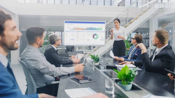在公司会议室：女分析员使用数字互动白板向执行委员会、律师和投资者介绍情况。屏幕显示公司增长数据与图表 — 图库照片