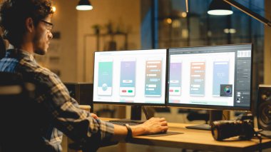 Late Evening Creative Office: Professional Programmer Works on a Desktop Computer, Creating Phone App Design, using Monting Software. Modern Moda Ofis Ortamı