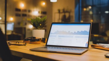 Ofisteki Masadaki Dizüstü bilgisayar Şirket Gelişim Verilerini Grafikler, Grafikler ve Yazılım UI ile gösteriyor. Arkaplanda Modern Ofis Stüdyosunda Büyük Şehir Penceresi ile Akşam