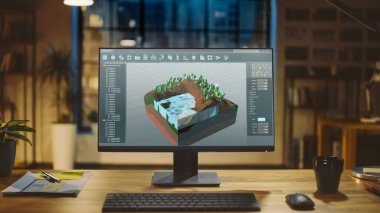 Modern Ofiste 3D Video Oyun Seviye Geliştirme Yazılımı ile bir Masaüstü Bilgisayarı Çekimi. Şık Yaratıcı Stüdyo Ofisi.