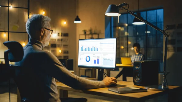 Business Office am späten Abend: Professioneller Analyst arbeitet am Desktop-Computer, erstellt Abschlussbericht, arbeitet mit Diagrammen, Grafiken. Modernes Wirtschaftsbüro — Stockfoto