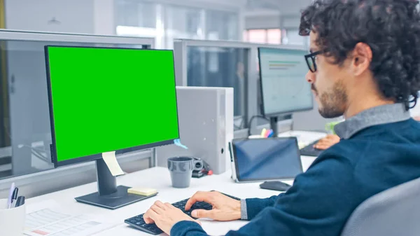 Young Handsome Manager avec cheveux bouclés fonctionne sur un ordinateur de bureau avec écran vert Mock Up. Des gens d'affaires diversifiés et motivés travaillent sur les ordinateurs dans un bureau ouvert moderne. — Photo