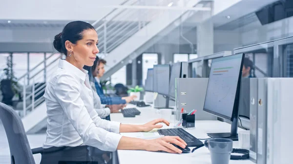 Young Handsome Female Manager is Working on Her Personal Computer with Data Statistics, Charts and Graphs. Diverse and Motivated Business People Work in Bright Modern Open Office. — Stock Photo, Image