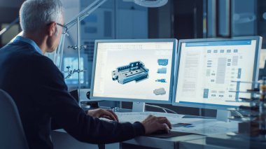 Professional Heavy Industry Engineer Works on Computer Entegre geliştirme ortamı ile CAD Software kullanarak Design Industrial Machinery Component 'ı tasarladı. Omzunun üstünden.