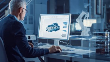 Profesyonel Ağır Sanayi Mühendisi Bilgisayar üzerinde çalışıyor CAD yazılımını kullanarak 3 boyutlu endüstriyel makine bileşeni tasarlıyor. Arkaplan Robot Kolu Konseptinde. Omzunun üstünden.