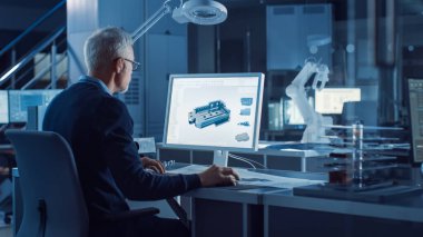 Bilgisayar Mühendisi 3D Endüstriyel Makine Bileşenini tasarlamak için CAD Yazılımını kullanıyor. Arkaplan Robot Kolu Konsepti Ağır Sanayi Mühendislik Tesisinde duruyor. Omzunun üstünden.