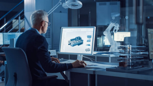 Инженер работает на компьютере использует программное обеспечение САПР для проектирования 3D промышленного оборудования компонента. На заднем плане Концепция роботовооружения, стоящая на заводе тяжелой промышленности. Над плечом