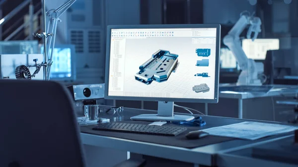 Am Schreibtisch Computer mit CAD-Software und Konstruktion von 3D-Komponenten für Industriemaschinen. Im Hintergrund steht das Roboterarmkonzept im Dunkeln.. — Stockfoto