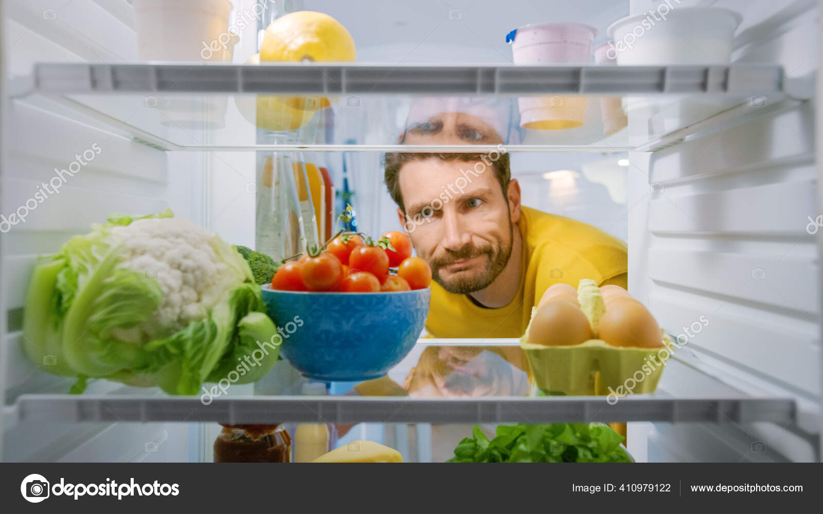 Inside Kitchen Fridge: Young Disappointed Man Looks inside the Fridge. Man  Found Nothing for His Snack Time. Point of View POV Shot from Refrigerator  full of Healthy Food Stock Photo by ©Gorodenkoff