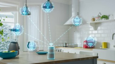 Nesnelerin İnternet Konsepti: IOT, Infographics Çeşitli Veri ve Bilgileri Gösteren Yüksek Teknolojili Mutfak Aletleriyle dolu Modern Mutfak. Ev Elektronik Aygıtlarının Sayısallaştırılması, Görselleştirilmesi