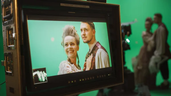 On Set Display Showing: Green Screen Scene with Two Actors Talented Wearing Renaissance Costumes Doing Romantic Drama Dialogue. Film Studio Professional Crew Shooting Historical Costume Drama Movie — Stock Photo, Image