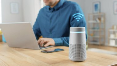 Üzerinde dijital Wi-Fi ikonu olan bir Modern Gümüş Bluetooth Hoparlörünün Yakın Çekimi. Arka plandaki adam Masa 'da oturuyor ve bilgisayarında çalışıyor. Akıllı Telefon Onun Yanındaki Masada Yatar.