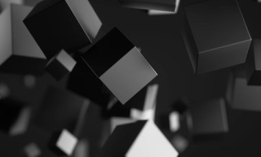 Kaotik parçacıkların soyut 3d render. Scifi boş uzayda küpler. Fütüristik bir arka plan. 3d render - İllüstrasyon